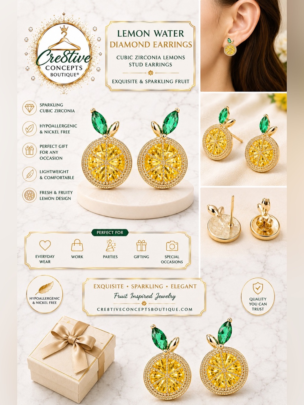 Lemon Water Cubic Zirconia Stud Earrings Hypoallergenic with Gift Box - Picture 4 of 4
